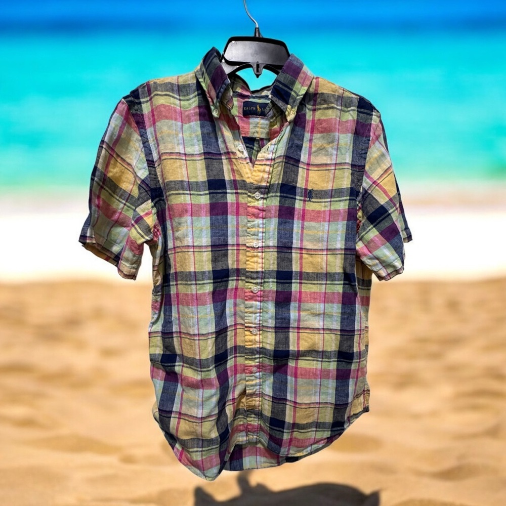 Ralph Lauren Blue Label Plaid Casual Button Down linen Shirt size m